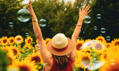 mulher no centro de um campo de girassóis