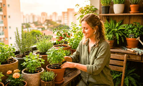 Pessoa de cabelos castanhos sorrindo enquanto cuida de uma horta em vasos na varanda, simbolizando os benefícios da hortaterapia e o cuidado com a saúde mental.